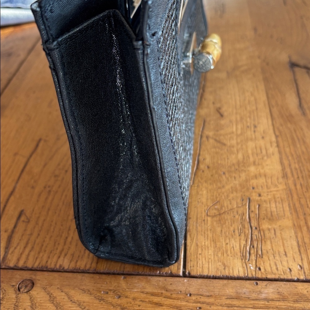The Limited Black Leather and Woven Clutch Silver Tone Handle Toggle Close Bag - Picture 9 of 11